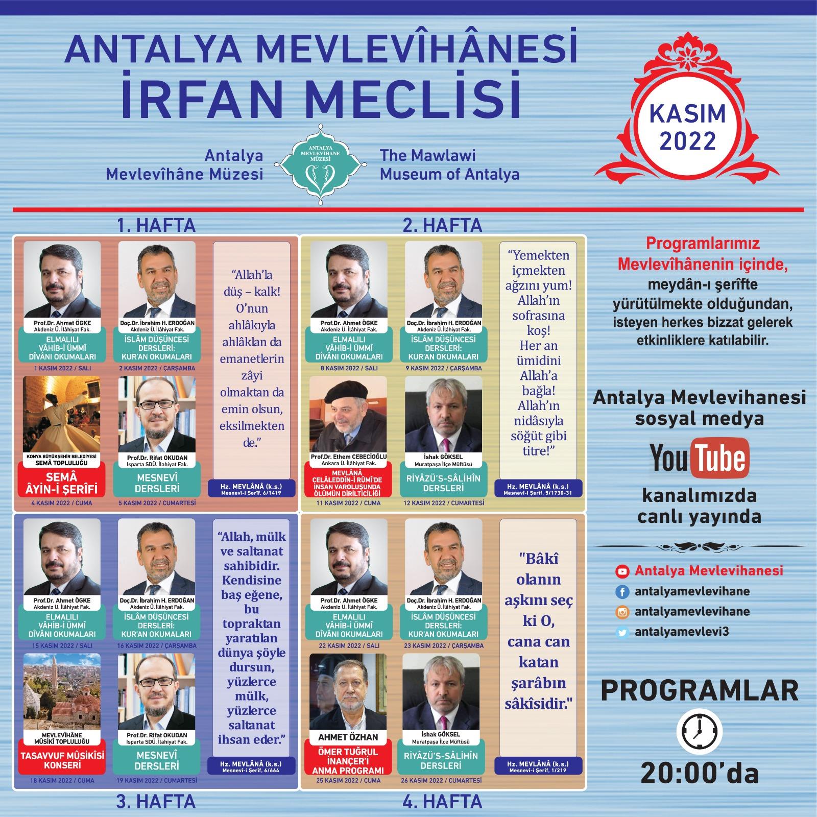 Antalya Mevlevîhânesi İrfan Meclisi Kasım Ayı Programı