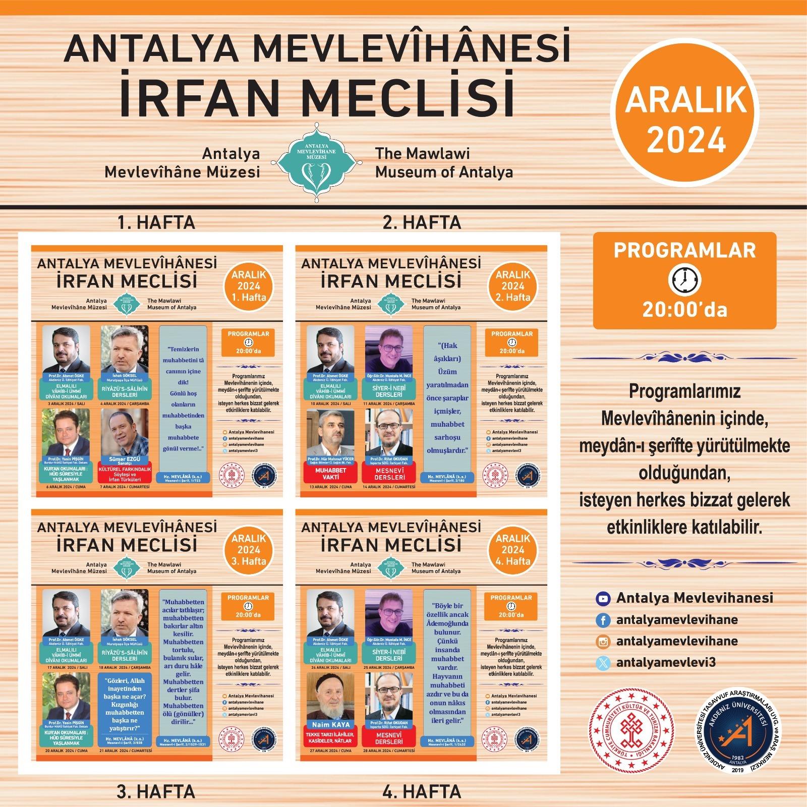 Antalya Mevlevîhânesi İrfan Meclisi Aralık Ayı Programı