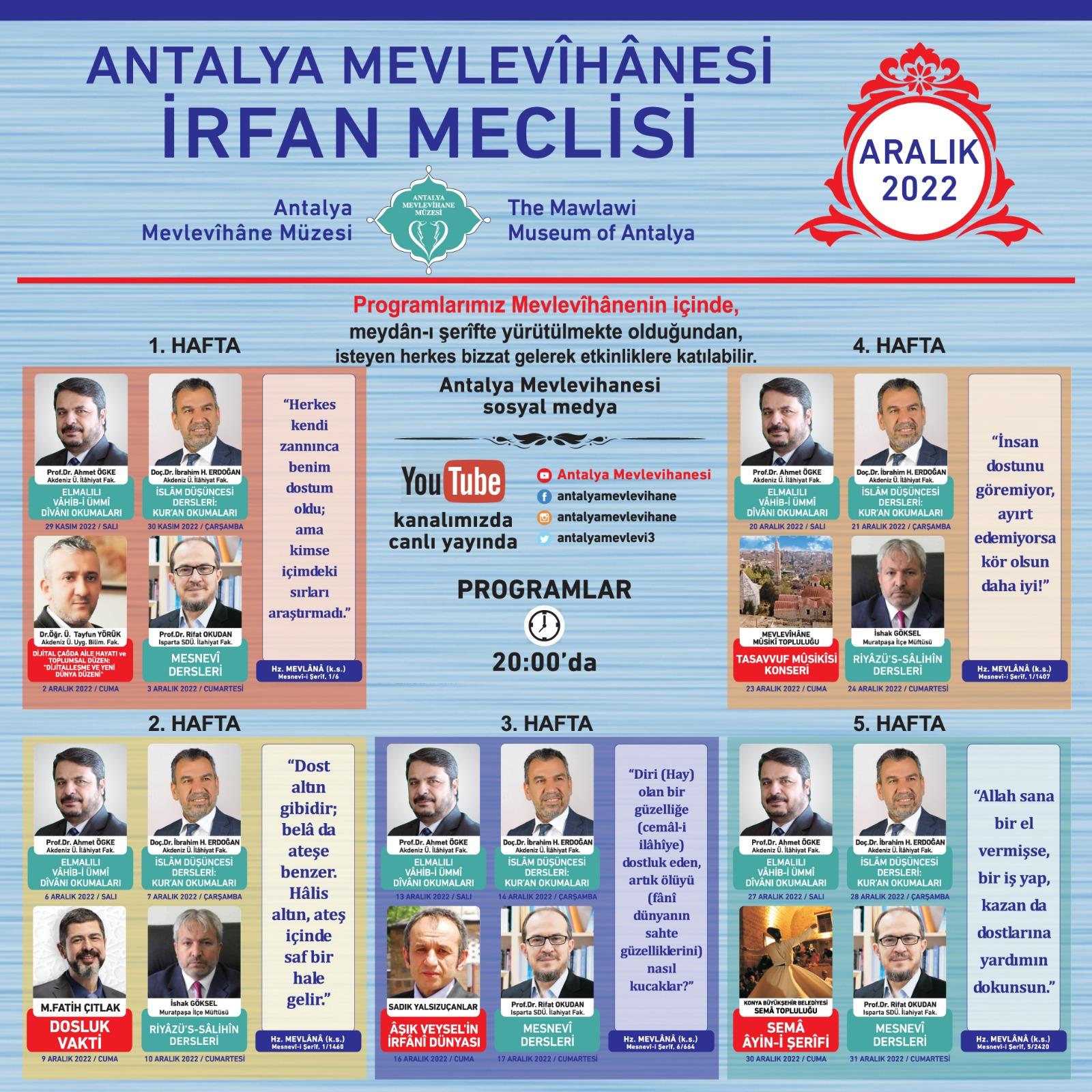 Antalya Mevlevîhânesi İrfan Meclisi Aralık  Ayı Programı