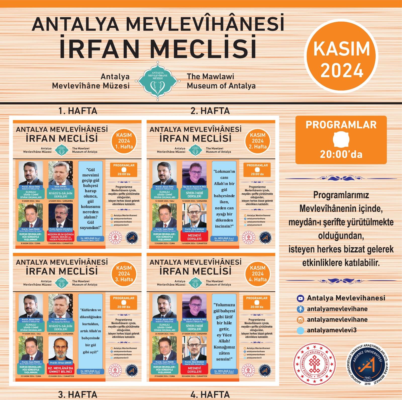Antalya Mevlevîhânesi İrfan Meclisi Kasım Ayı Programı