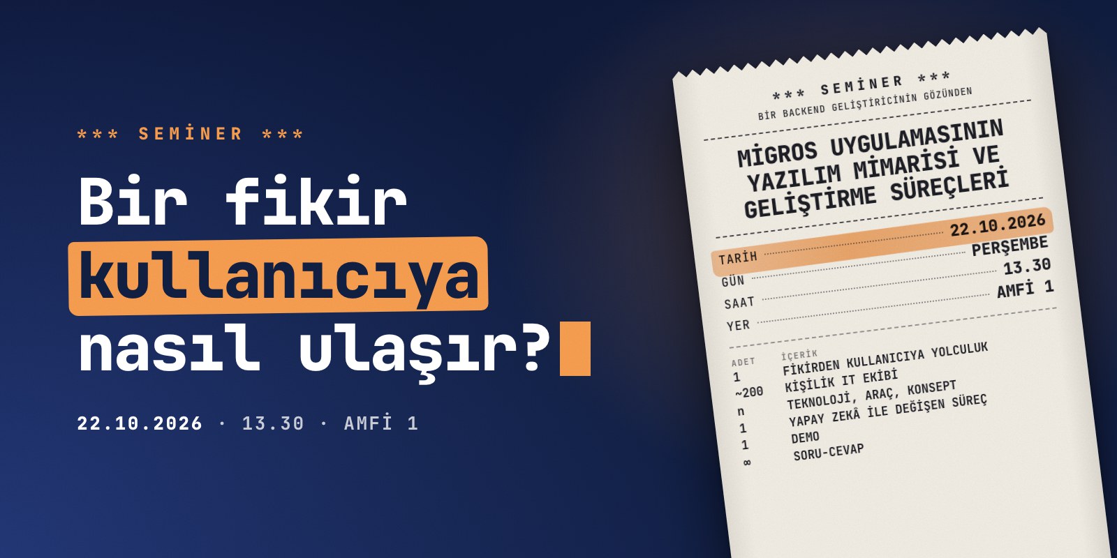 Migros semineri duyuru kapağı: termal yazıcı fişi bi&ccedil;iminde seminer bilgileri