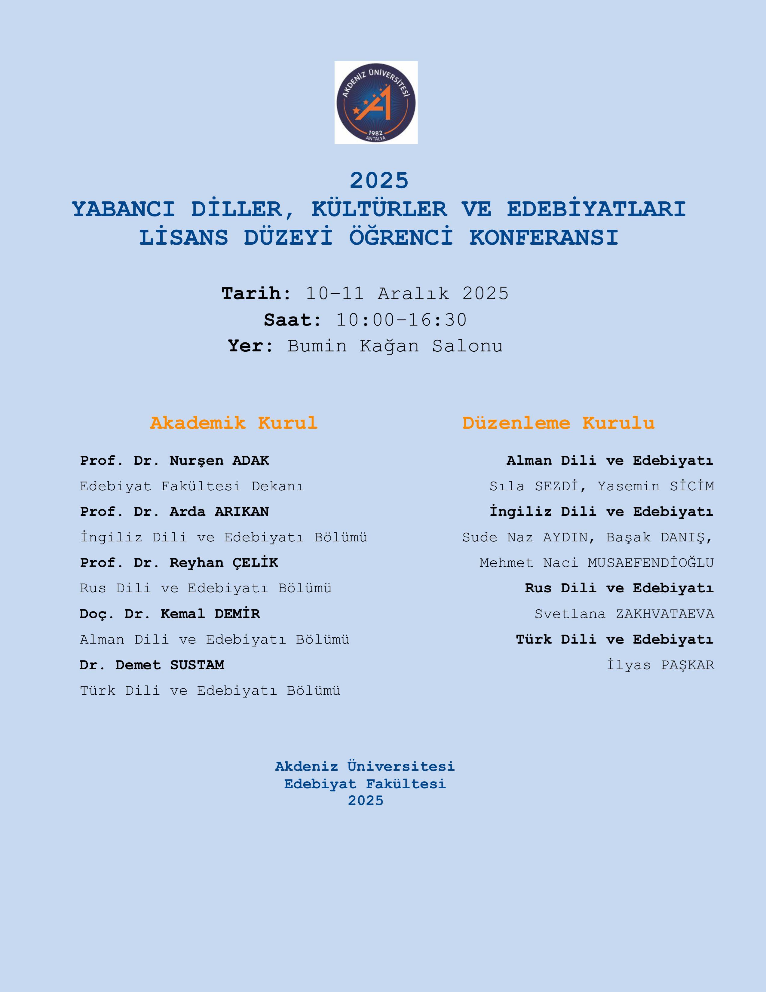 2025 YABANCI DİLLER, KÜLTÜRLER VE EDEBİYATLARI LİSANS DÜZEYİ ÖĞRENCİ KONFERANSI